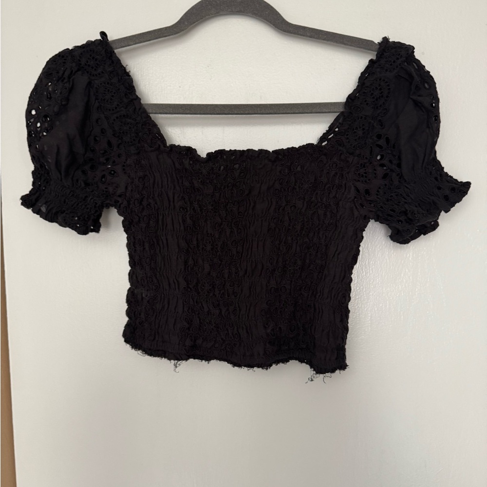 ASTR The Label Black Eyelet Puff Sleeve Top